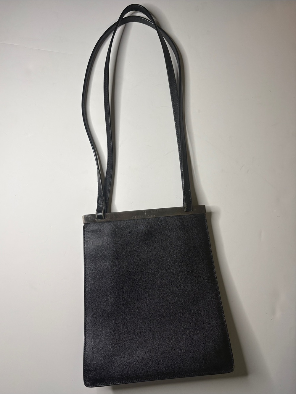 TRUSSARDI BLACK textured LEATHER 90’s vintage shoulder bag